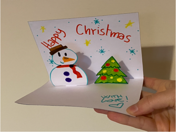 pop up card with a snowman and a Christmas tree