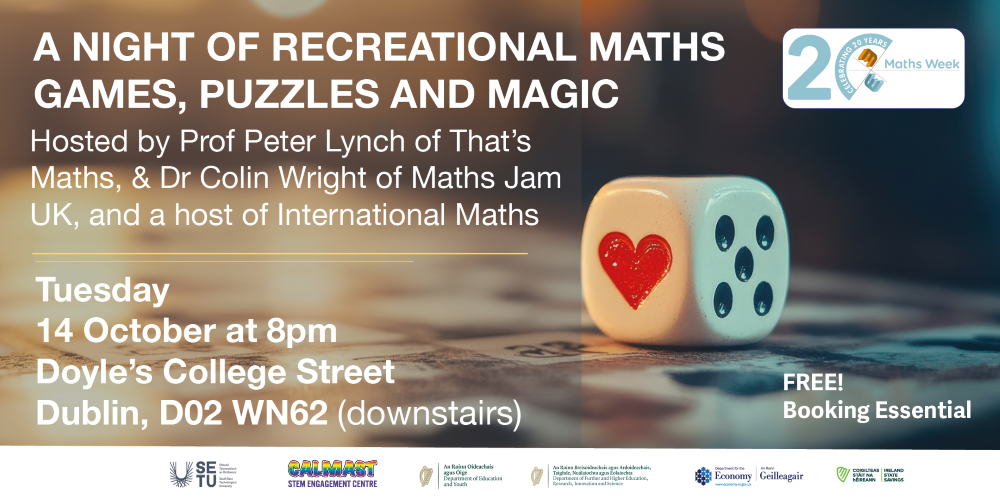 A night of recreational maths, puzzles, and magic! Doyle's, Dublin.