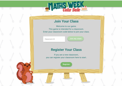 screenshot of the registration landing page for the digital game Maths Week Cake Sale