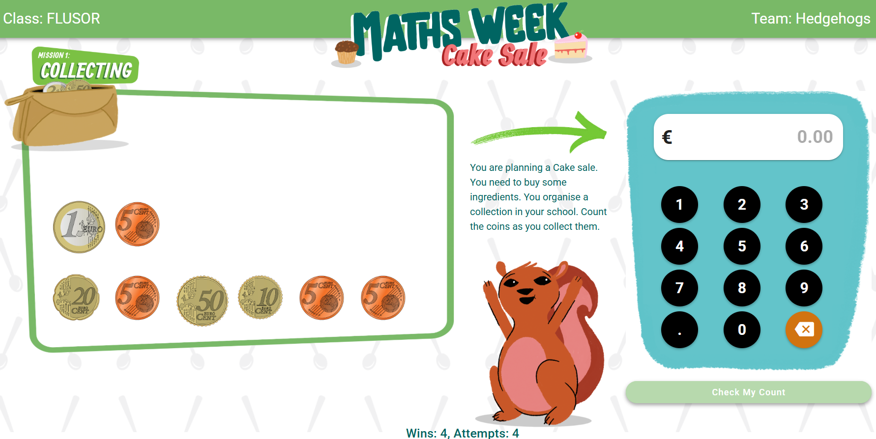 Screenshot of the first mission of the Maths Week Cake Sale